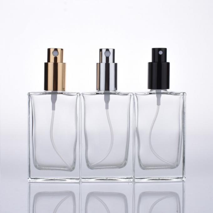 Flat Square Glass Perfume Spray Bottles Metallic Pump 50ml Capacity Refillable
